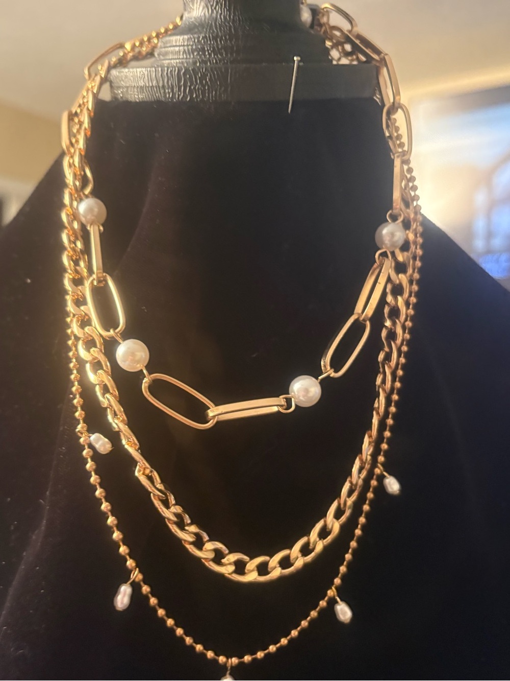 Gold-Tone Layered Chain Necklace with Pearls - Women Jewelry